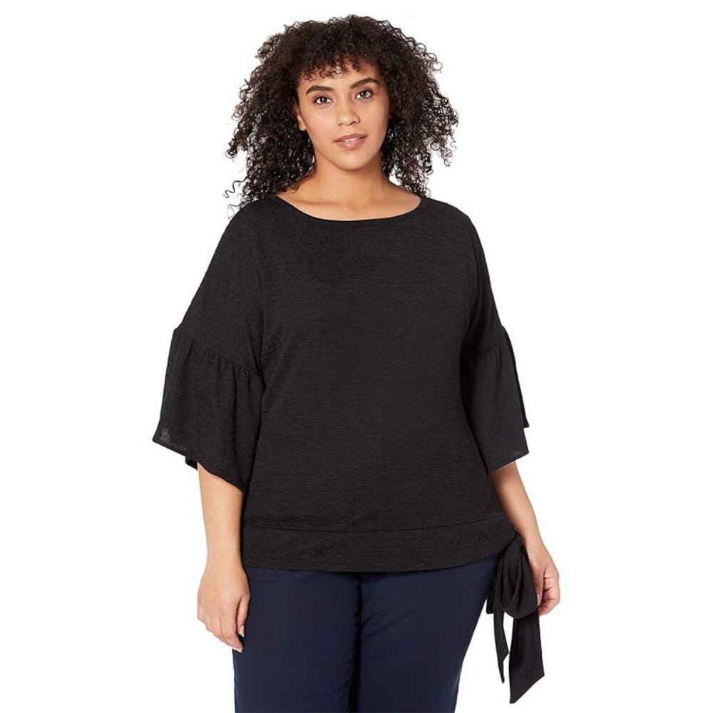 NWT MICHAEL Michael Kors Black Ruffled-Sleeve Tie-Side Pullover Blouse Top NEW